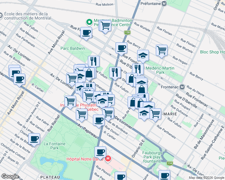 map of restaurants, bars, coffee shops, grocery stores, and more near 2240 Rue Sherbrooke Est in Montréal