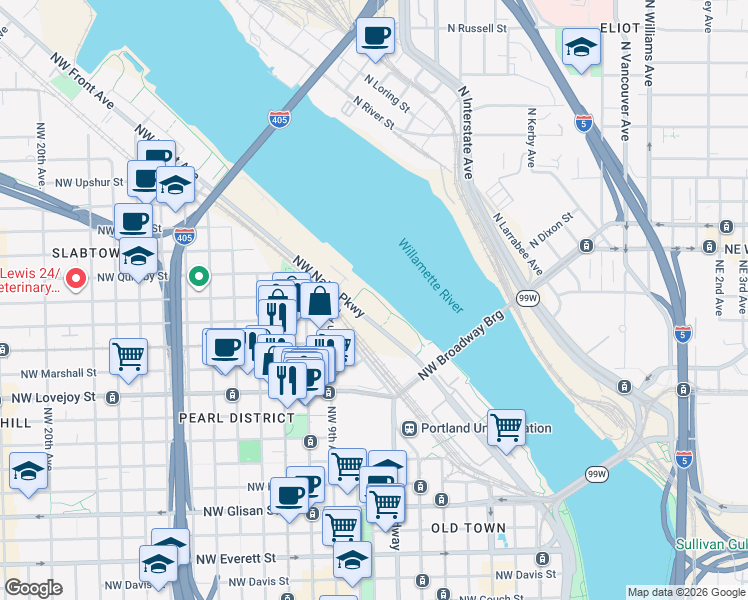 map of restaurants, bars, coffee shops, grocery stores, and more near 1310 Northwest Naito Parkway in Portland
