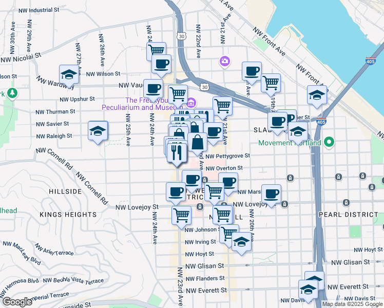 map of restaurants, bars, coffee shops, grocery stores, and more near in Portland