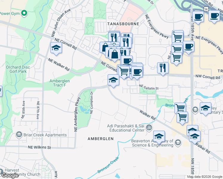 map of restaurants, bars, coffee shops, grocery stores, and more near 1920 Northwest Amberglen Parkway in Beaverton