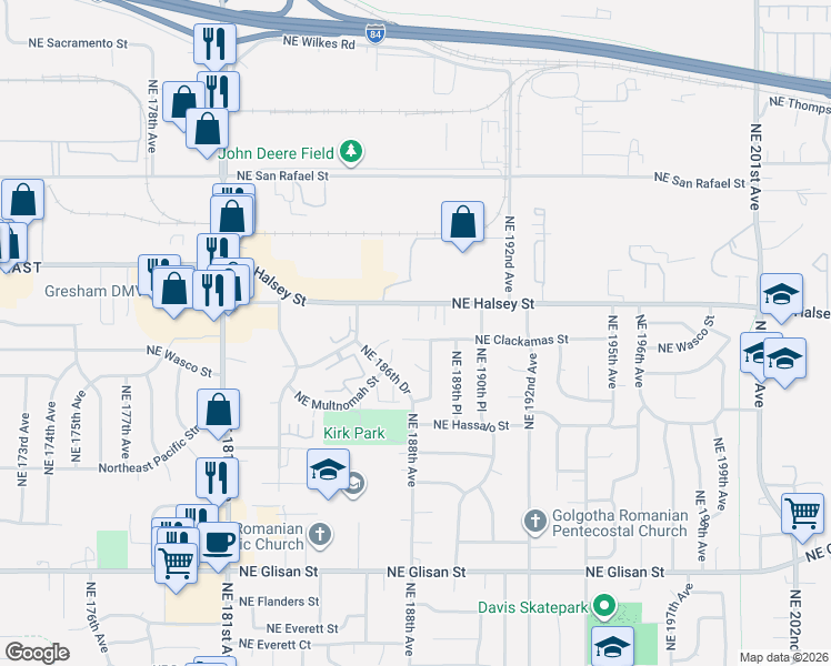 map of restaurants, bars, coffee shops, grocery stores, and more near 18801 Northeast Clackamas Street in Portland