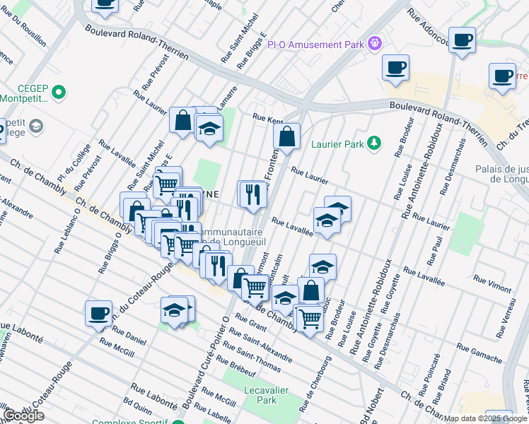 map of restaurants, bars, coffee shops, grocery stores, and more near 1899 Rue Lavallée in Longueuil