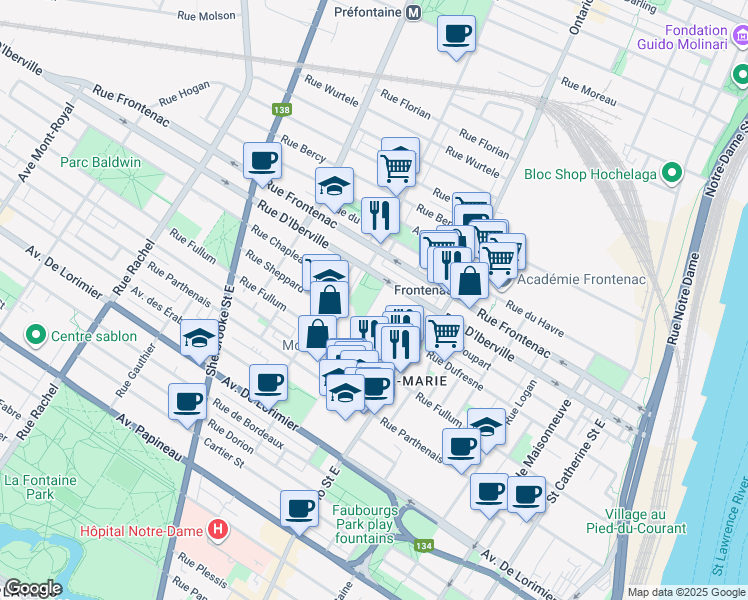 map of restaurants, bars, coffee shops, grocery stores, and more near 2455 Rue Larivière in Montreal