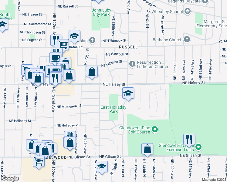 map of restaurants, bars, coffee shops, grocery stores, and more near 112 Northeast 131st Avenue in Portland