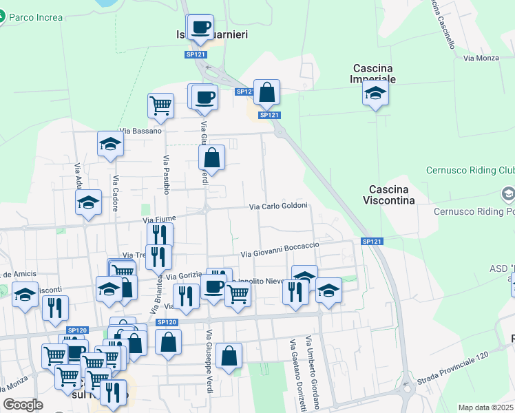 map of restaurants, bars, coffee shops, grocery stores, and more near Via Carlo Goldoni in Cernusco sul Naviglio