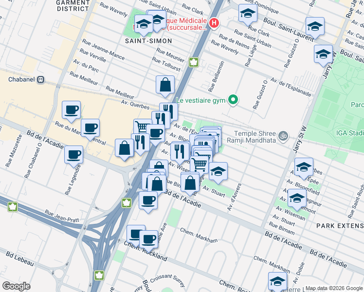 map of restaurants, bars, coffee shops, grocery stores, and more near 8605 Avenue Champagneur in Montréal