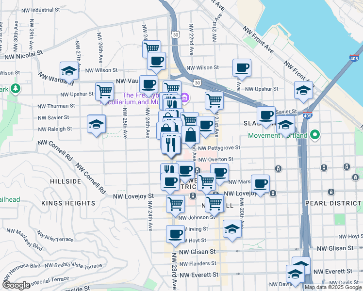 map of restaurants, bars, coffee shops, grocery stores, and more near 2253 Northwest Pettygrove Street in Portland