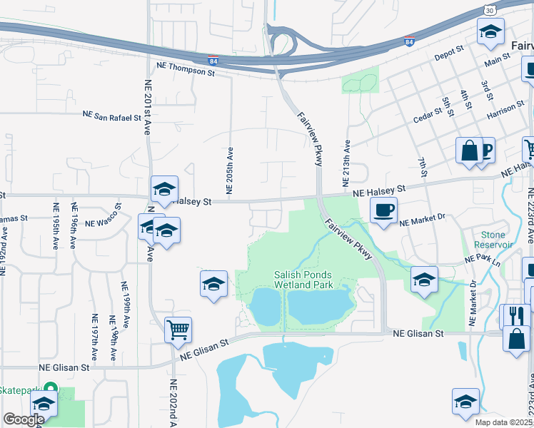 map of restaurants, bars, coffee shops, grocery stores, and more near 20650 Northeast Halsey Street in Fairview