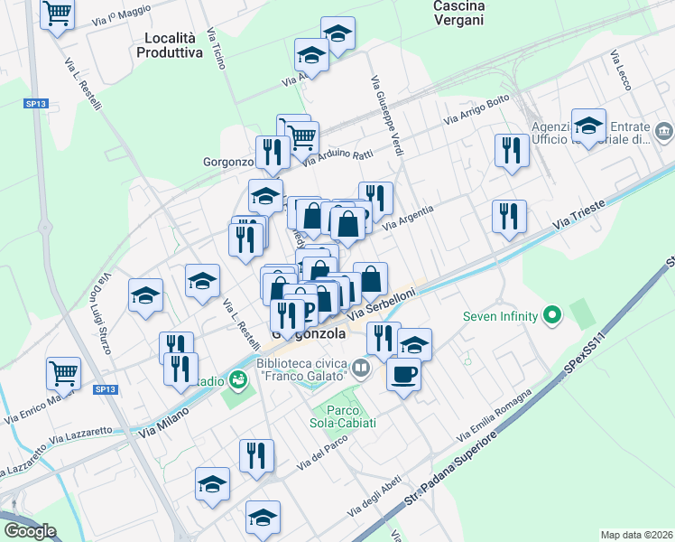 map of restaurants, bars, coffee shops, grocery stores, and more near 15 Via IV Novembre in Gorgonzola