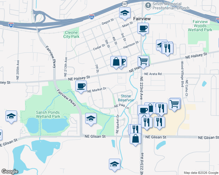 map of restaurants, bars, coffee shops, grocery stores, and more near 1528 Northeast Village Street in Fairview