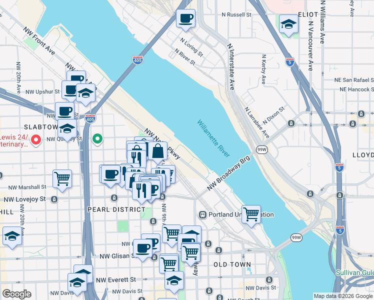 map of restaurants, bars, coffee shops, grocery stores, and more near 1310 Northwest Naito Parkway in Portland