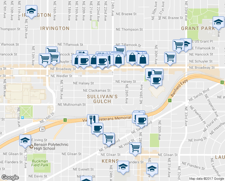 map of restaurants, bars, coffee shops, grocery stores, and more near NE Clackamas St & NE 24th Ave in Portland