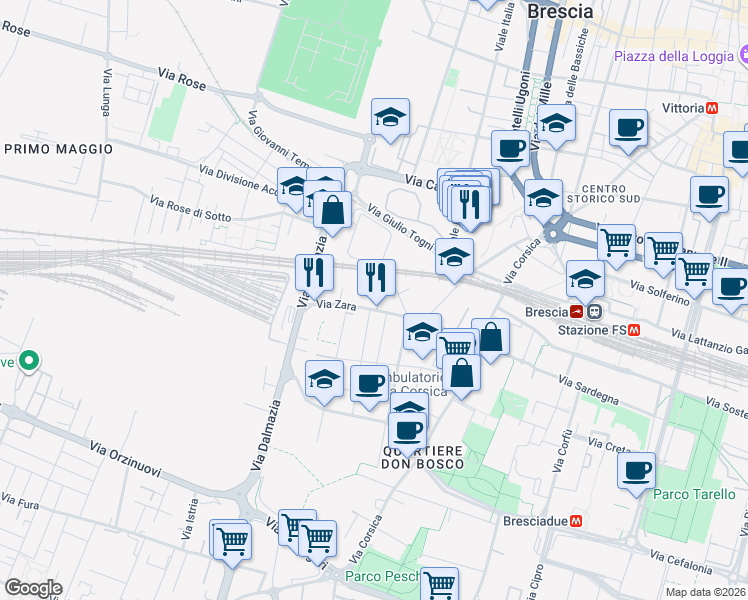 map of restaurants, bars, coffee shops, grocery stores, and more near 44 Via Zara in Brescia