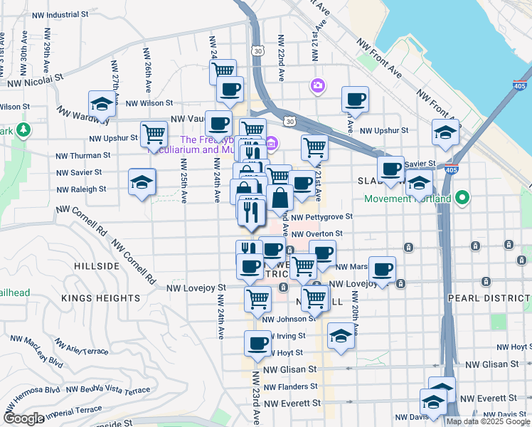 map of restaurants, bars, coffee shops, grocery stores, and more near 2253 Northwest Pettygrove Street in Portland