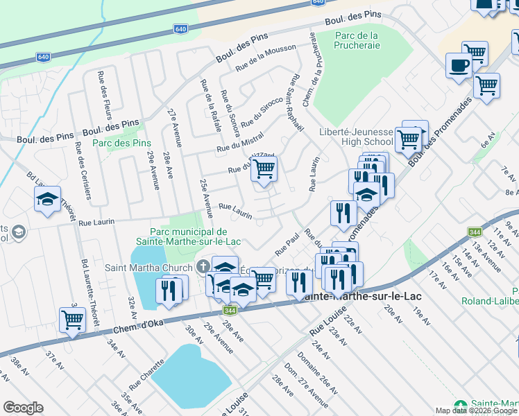 map of restaurants, bars, coffee shops, grocery stores, and more near 255 Rue des Villas in Sainte-Marthe-sur-le-Lac
