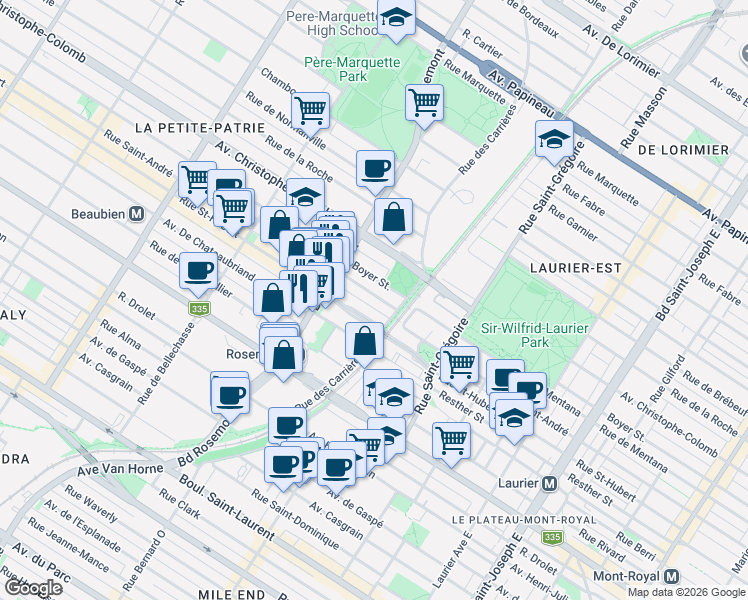 map of restaurants, bars, coffee shops, grocery stores, and more near 5668 Rue Saint-André in Montréal