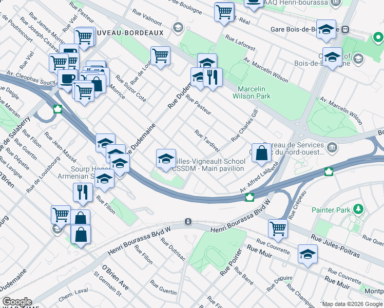 map of restaurants, bars, coffee shops, grocery stores, and more near 11287 Rue James-Morrice in Montréal