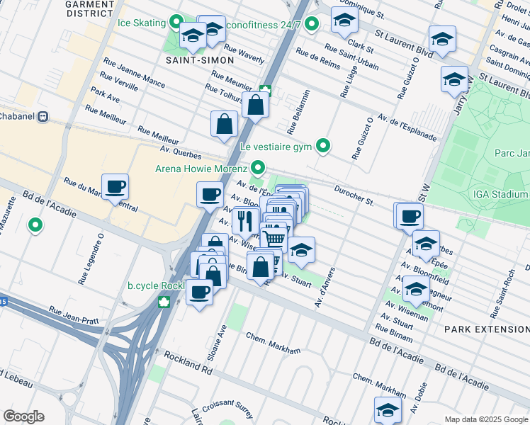 map of restaurants, bars, coffee shops, grocery stores, and more near 8586 Avenue Bloomfield in Montréal