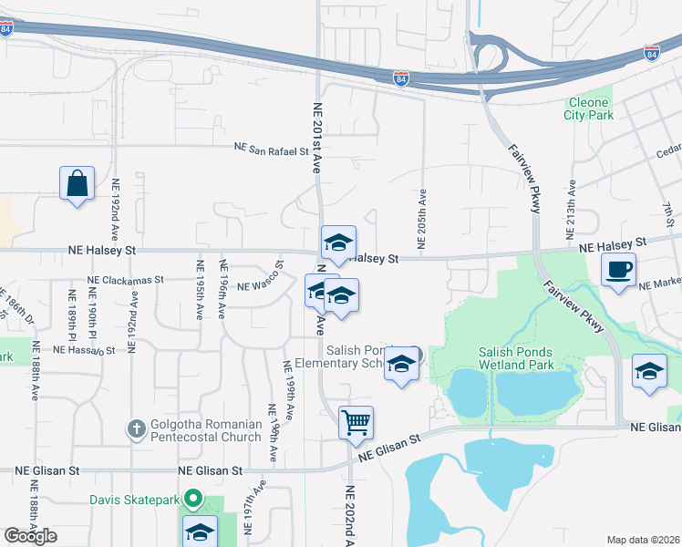 map of restaurants, bars, coffee shops, grocery stores, and more near 1340-1386 Northeast 201st Avenue in Portland