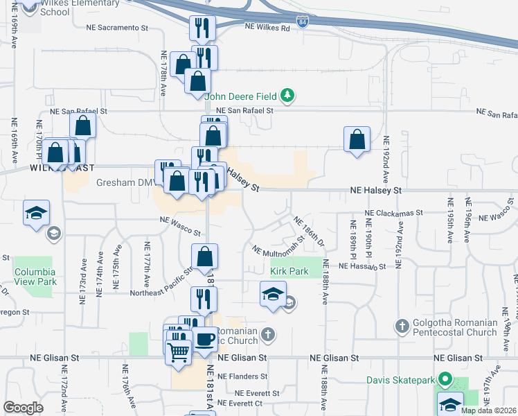 map of restaurants, bars, coffee shops, grocery stores, and more near 18325 Northeast Wasco Street in Portland