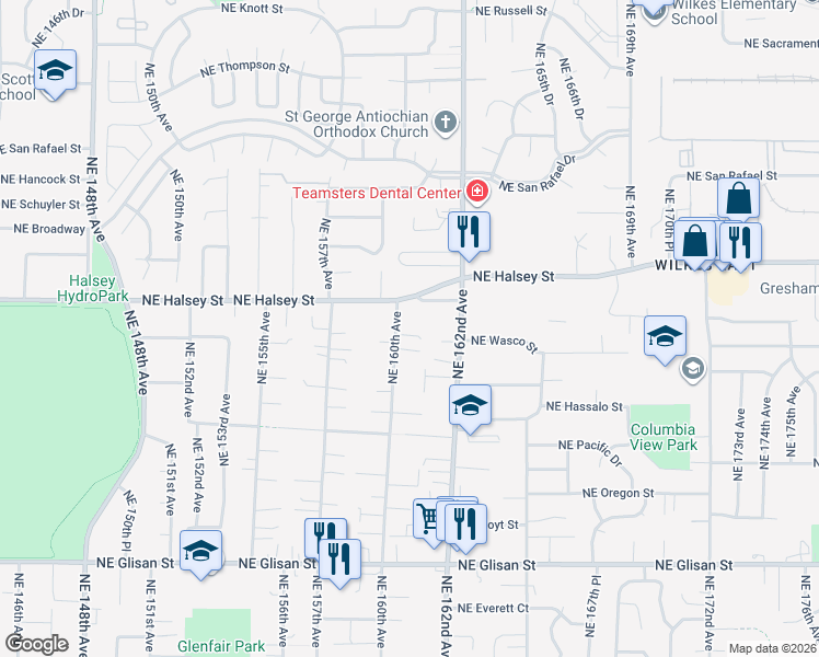 map of restaurants, bars, coffee shops, grocery stores, and more near 1336 Northeast 160th Avenue in Portland