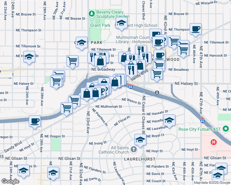 map of restaurants, bars, coffee shops, grocery stores, and more near 3615 Northeast Wasco Street in Portland
