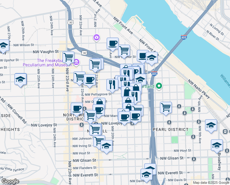 map of restaurants, bars, coffee shops, grocery stores, and more near 2010 Northwest Pettygrove Street in Portland