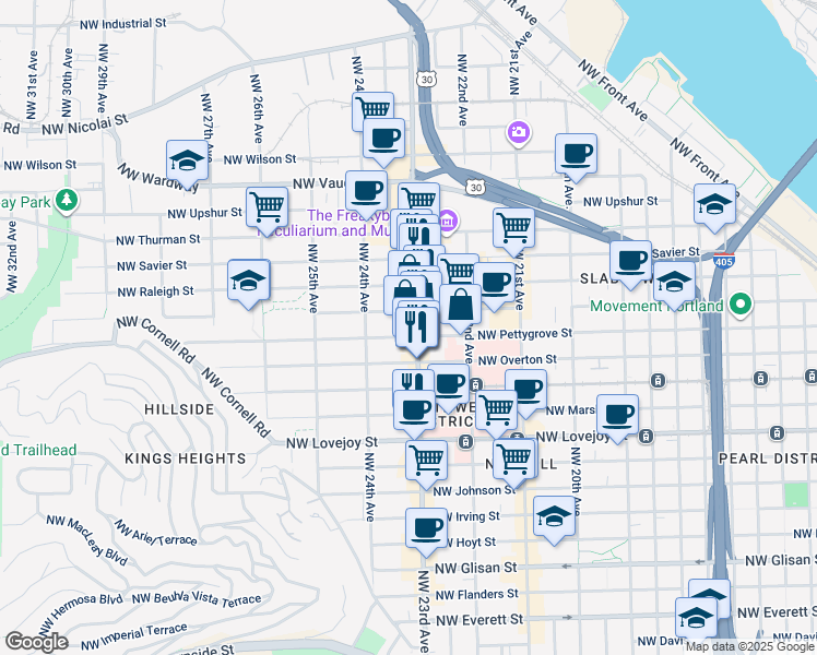 map of restaurants, bars, coffee shops, grocery stores, and more near in Portland