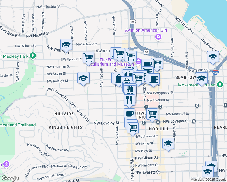 map of restaurants, bars, coffee shops, grocery stores, and more near 2434 Northwest Pettygrove Street in Portland