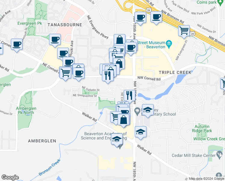 map of restaurants, bars, coffee shops, grocery stores, and more near 10566 Northeast Avery Way in Hillsboro