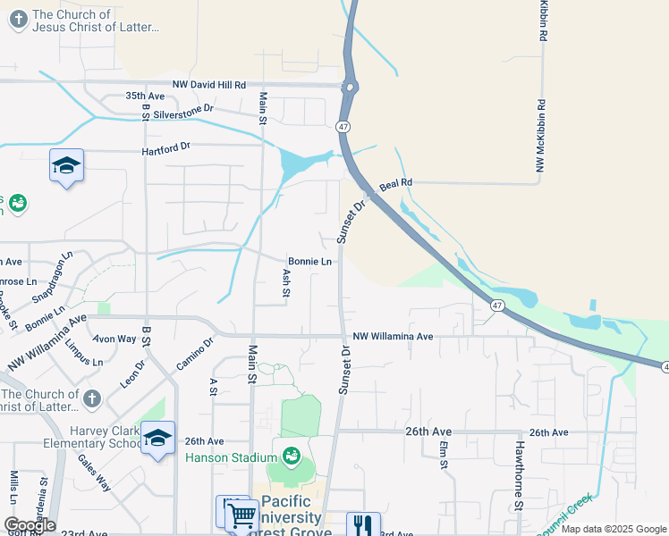 map of restaurants, bars, coffee shops, grocery stores, and more near 3062 Sunset Drive in Forest Grove