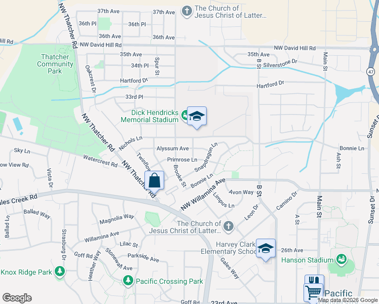 map of restaurants, bars, coffee shops, grocery stores, and more near 1431 Primrose Lane in Forest Grove