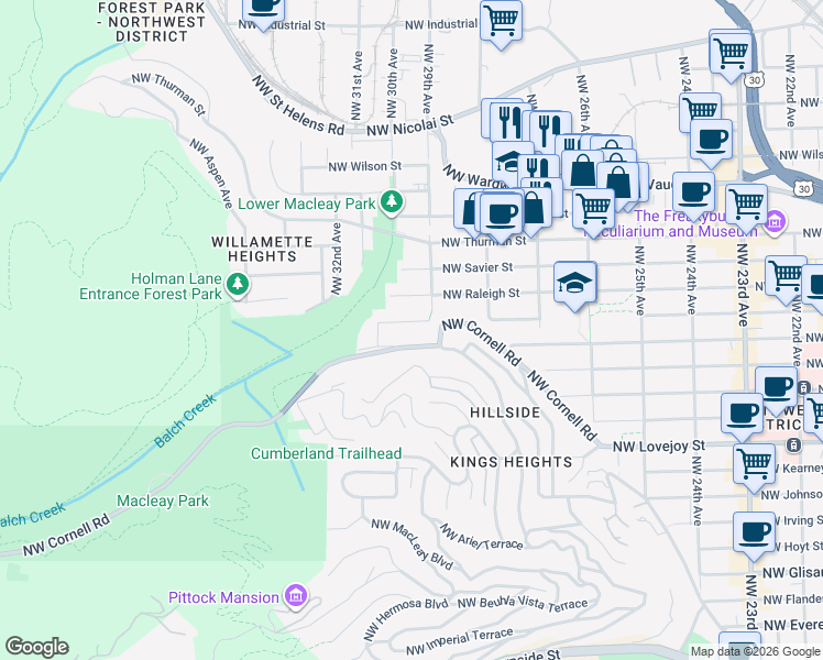 map of restaurants, bars, coffee shops, grocery stores, and more near 2930 Northwest Quimby Street in Portland