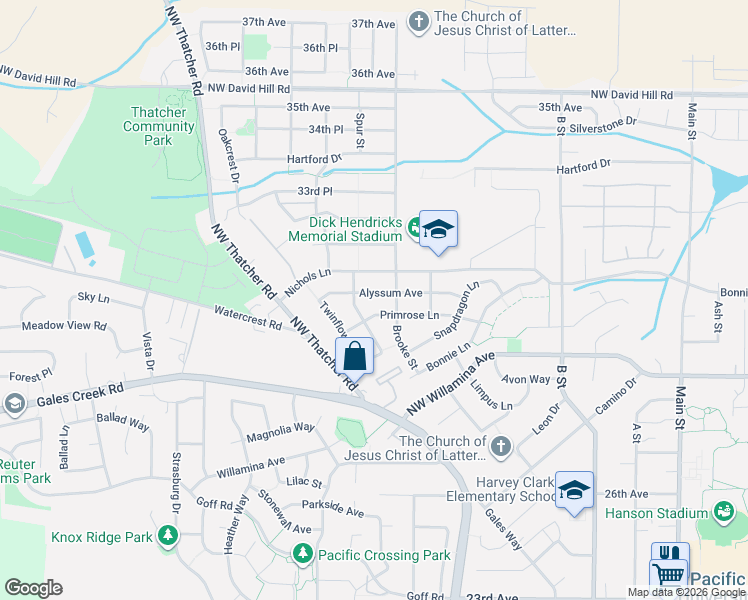 map of restaurants, bars, coffee shops, grocery stores, and more near 1224 Alyssum Avenue in Forest Grove