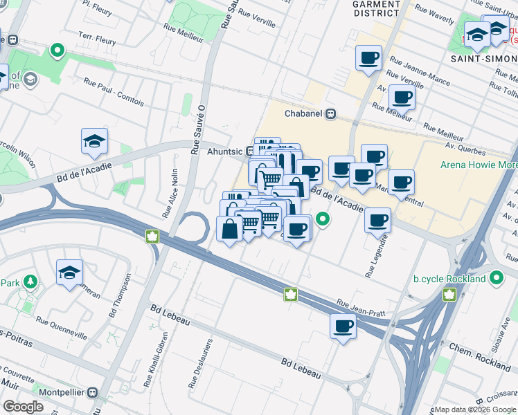 map of restaurants, bars, coffee shops, grocery stores, and more near 1385 Rue de Louvain Ouest in Montréal