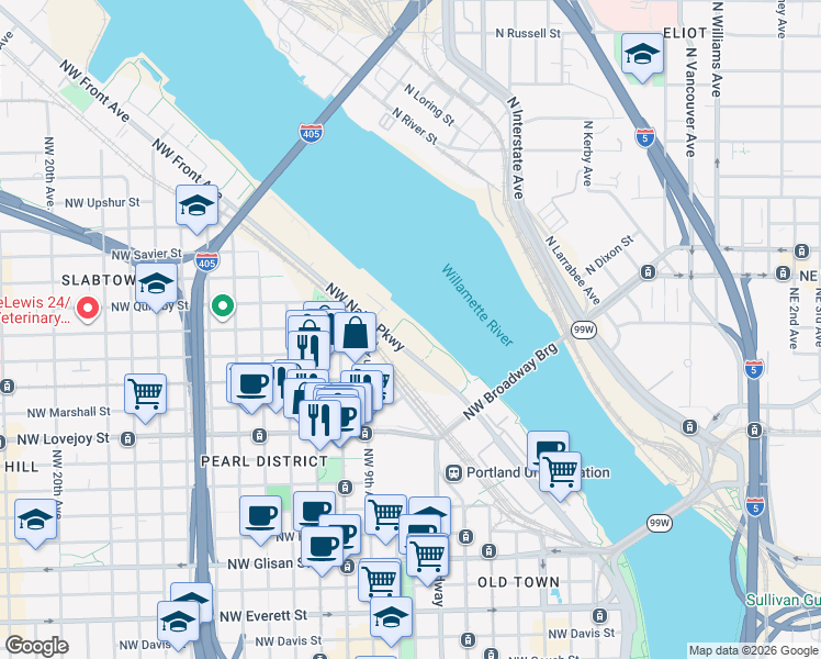 map of restaurants, bars, coffee shops, grocery stores, and more near 1260 Northwest Naito Parkway in Portland