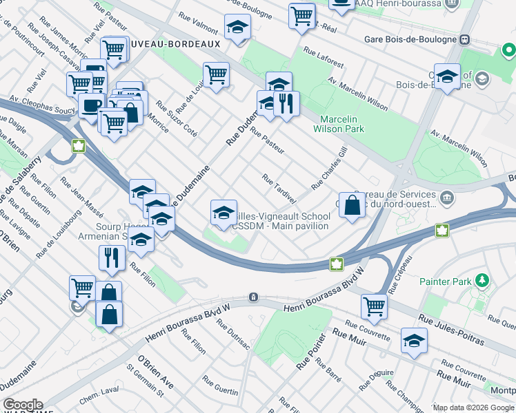 map of restaurants, bars, coffee shops, grocery stores, and more near 11287 Rue James-Morrice in Montréal