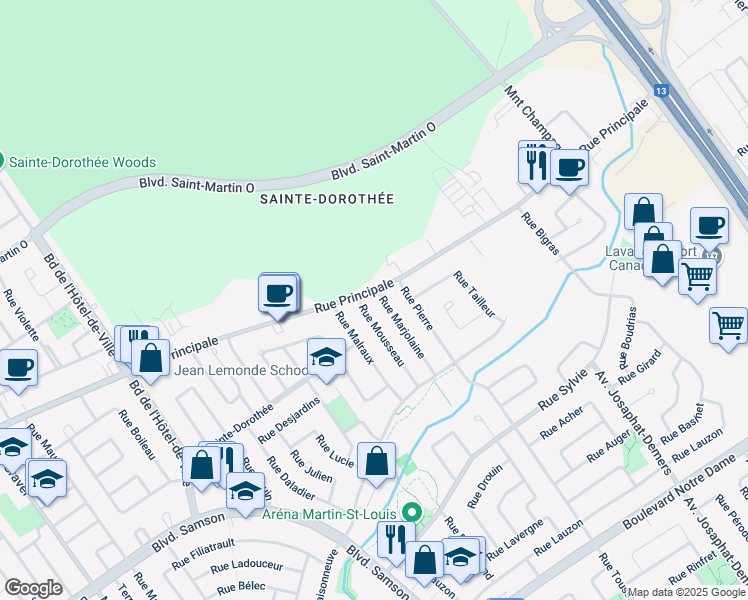 map of restaurants, bars, coffee shops, grocery stores, and more near 898 Rue Marjolaine in Laval