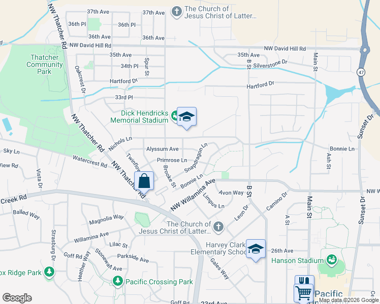 map of restaurants, bars, coffee shops, grocery stores, and more near 1440 Alyssum Avenue in Forest Grove