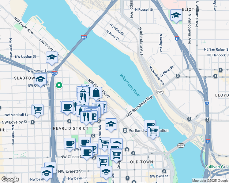 map of restaurants, bars, coffee shops, grocery stores, and more near 1260 Northwest Naito Parkway in Portland