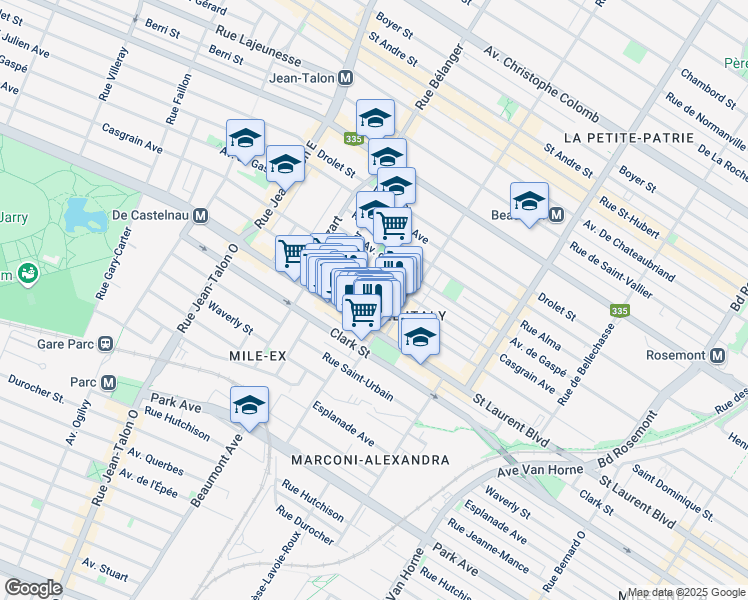 map of restaurants, bars, coffee shops, grocery stores, and more near Rue Saint Dominique in Montréal