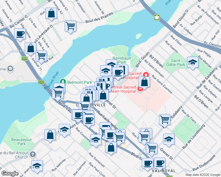 map of restaurants, bars, coffee shops, grocery stores, and more near 5709 Boulevard Gouin Ouest in Montréal