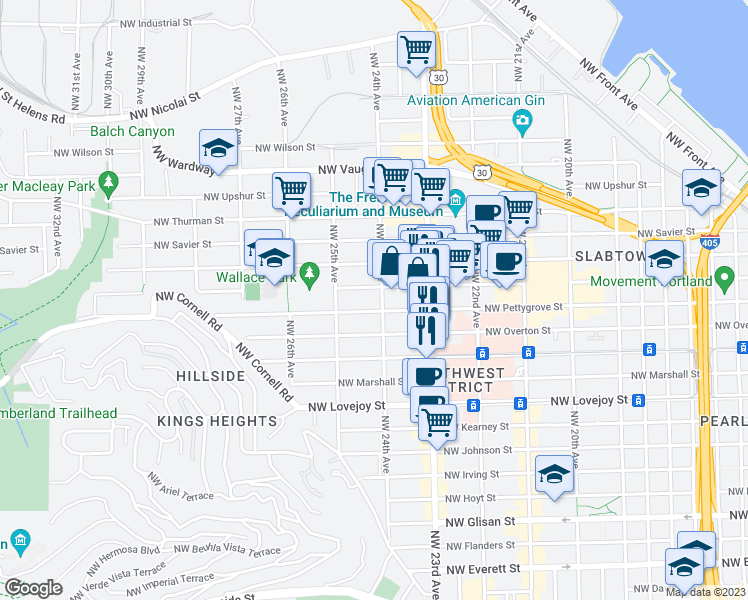 map of restaurants, bars, coffee shops, grocery stores, and more near 1415 Northwest 24th Avenue in Portland