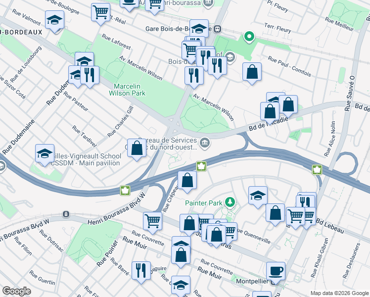 map of restaurants, bars, coffee shops, grocery stores, and more near 10550 Place de l'Acadie in Montréal