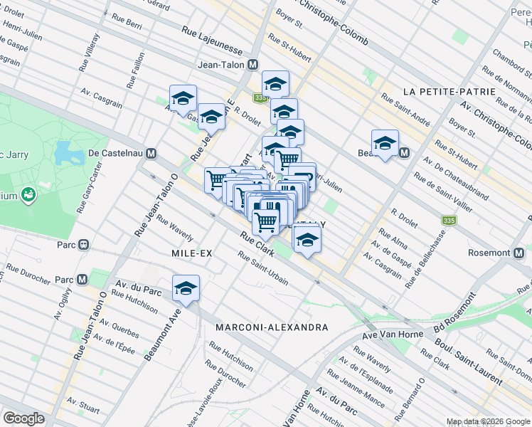 map of restaurants, bars, coffee shops, grocery stores, and more near 6812 Rue Saint-Dominique in Montréal