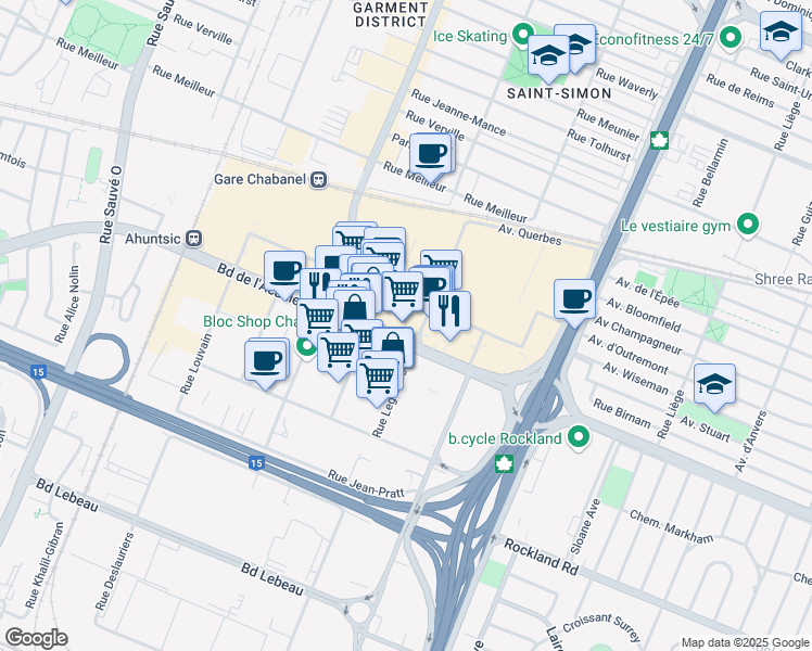 map of restaurants, bars, coffee shops, grocery stores, and more near 9200 Boulevard de l'Acadie in Montréal