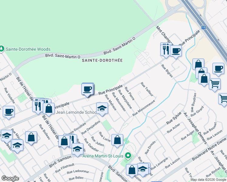 map of restaurants, bars, coffee shops, grocery stores, and more near 340 Rue Principale in Laval