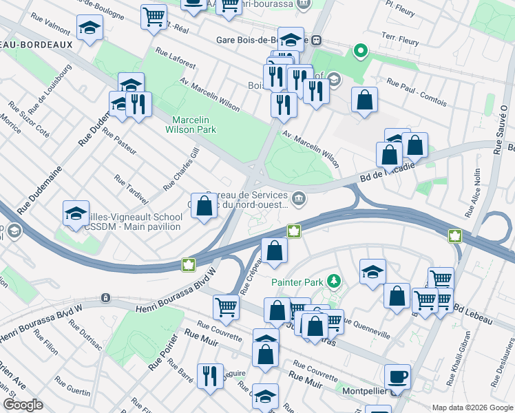 map of restaurants, bars, coffee shops, grocery stores, and more near 10150 Place de l'Acadie in Montréal