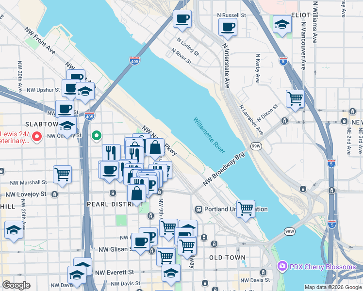 map of restaurants, bars, coffee shops, grocery stores, and more near 1260 Northwest Naito Parkway in Portland
