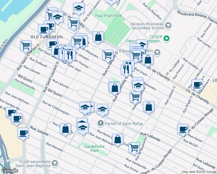 map of restaurants, bars, coffee shops, grocery stores, and more near 740 Rue Saint-Jean in Longueuil